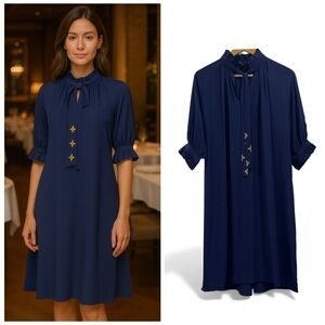 Louis Vuitton Blue Silk Bow-Neck Dress FR38 US6 Gold Detail Knee Length Flowy